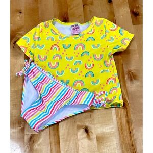 Real Love Swimsuit Kids 18M Yellow Rainbow Stripe 2pc Set Excellent Rash Guard